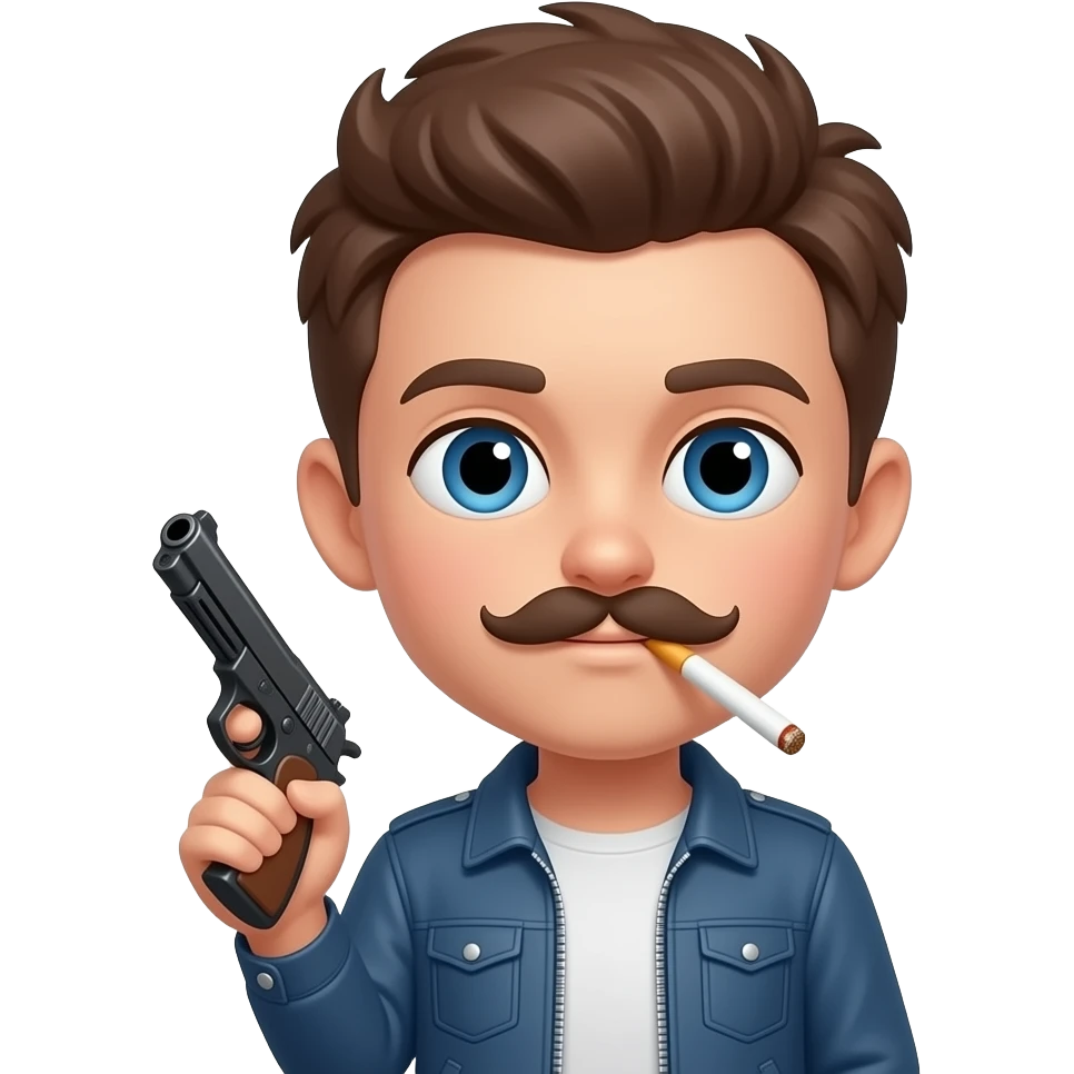 make me an emoji of jacob kravets which is 11 years old and he is white brown hair blue eyes no mustache cool hair with a gun and a cigarette in his mouth emoji