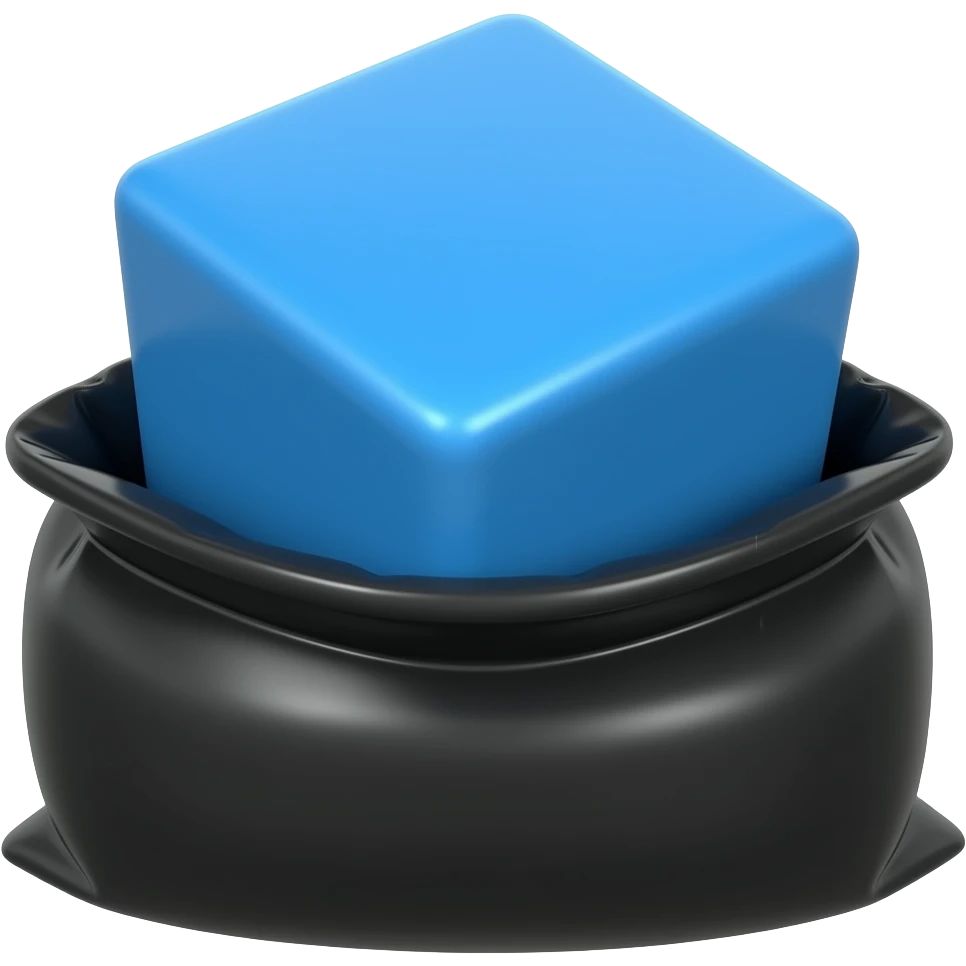 a stable blue cube resting on an inflated black bag emoji