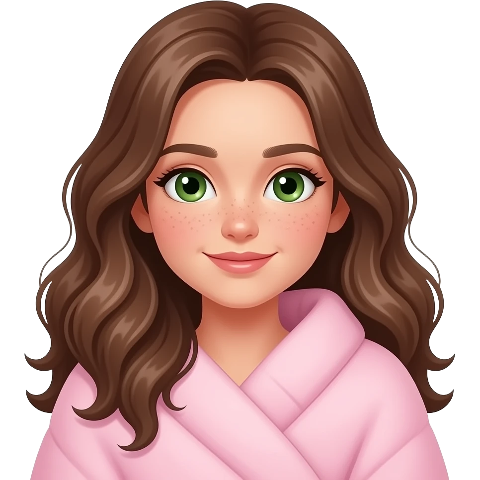 Brown wavy long hair green eyes cute face with freckles pretty girl covered with pastel pink blanket emoji