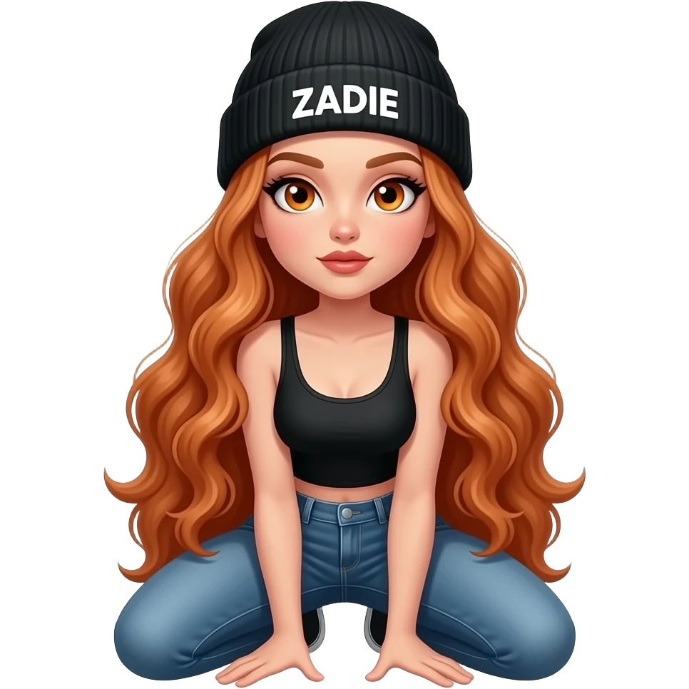 sexy girl with overlong wavy ginger hair and ginger eyes wearing a black tanktop and a black beanie with ZADIE written on it,  knees on the floor emoji