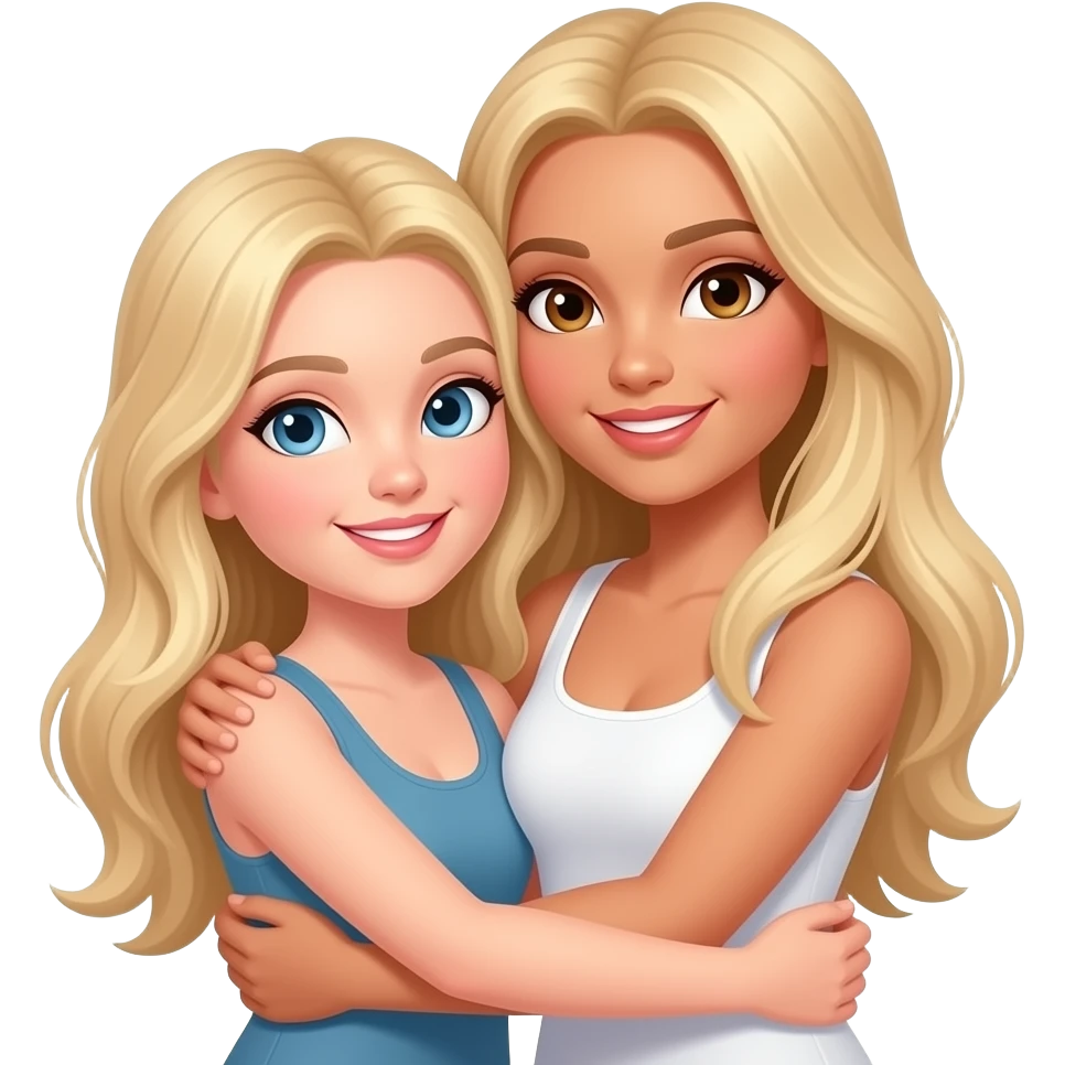 2 women, long blond hair, one blue eye 1 brown, both white short one tan, 1 short 1 tall hug emoji