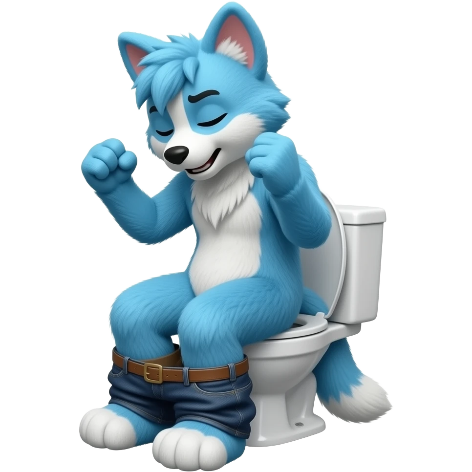 blue fursuit sitting on toilet, side view, pants down, straining, both fists, eyes closed, pushing emoji