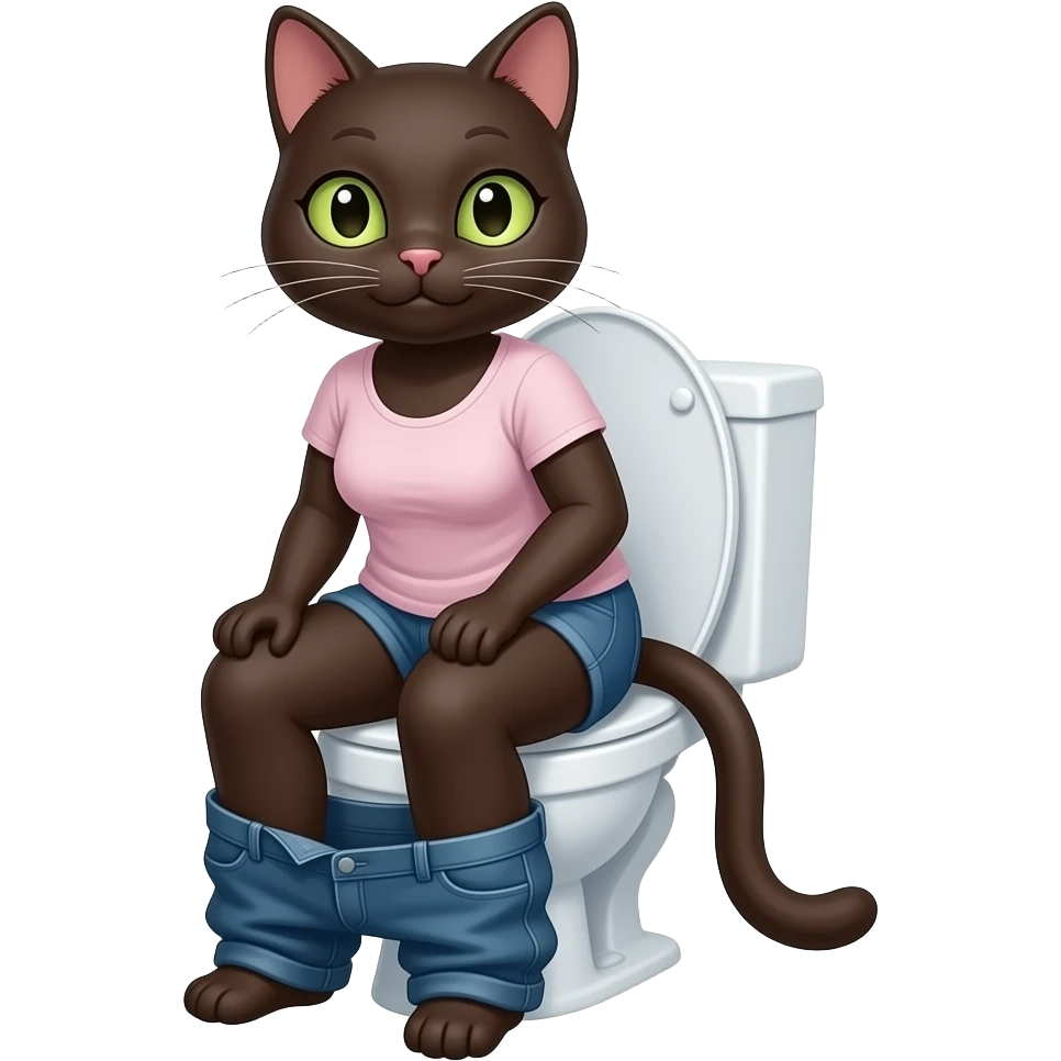 Adult Female dark brown cat furry person sit on toilet pants down emoji