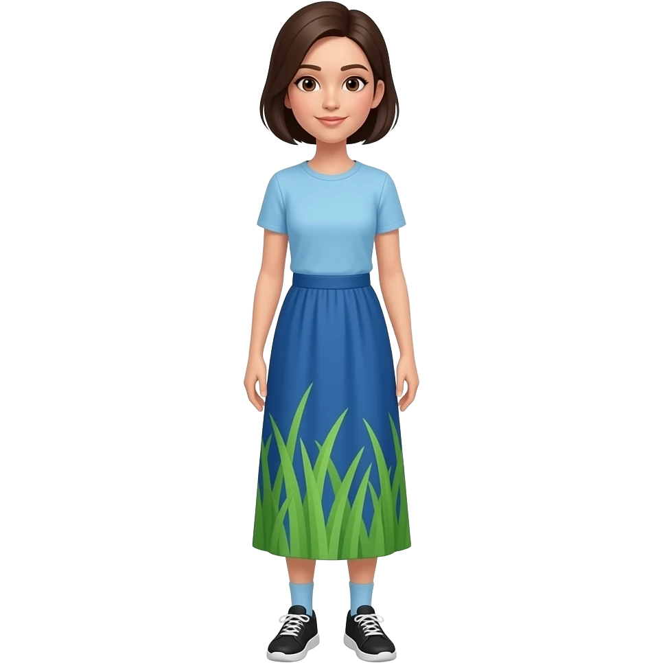 A full body White/Fair skinned woman with very short dark brown hair and brown eyes and wearing a long blue skirt with a grass/plant pattern, a light blue t-shirt, pale blue socks and black running shoes. emoji