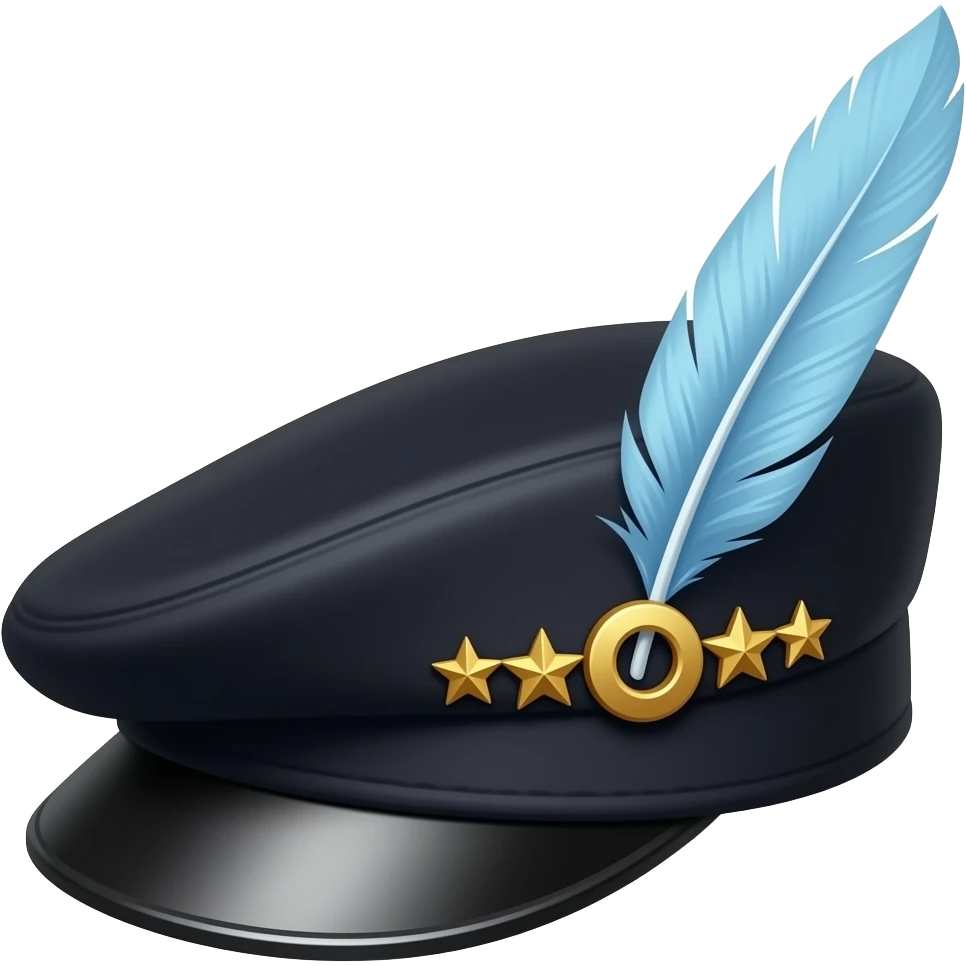 Black Breton Cap military hat with gold stars and crescent pins on the side, and a sky blue feather on the side pointing backwards emoji