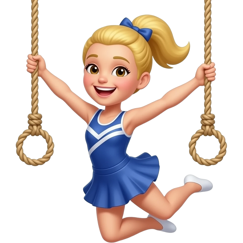 trapeze emoji jumping for joy- white skin color woman no ropes and blonde hair in a gymnast outfit hair in a ponytail blonde add a skirt emoji