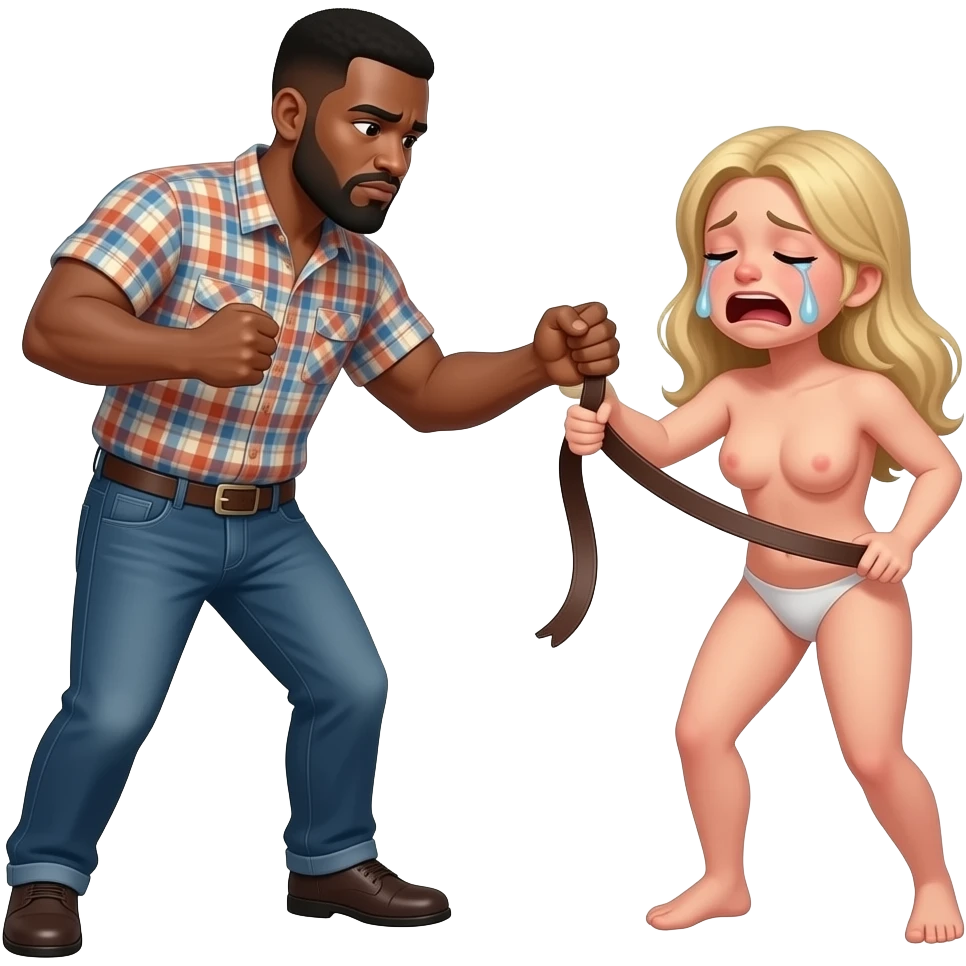 A black drunk man beating naked white girl with belt and she is crying emoji
