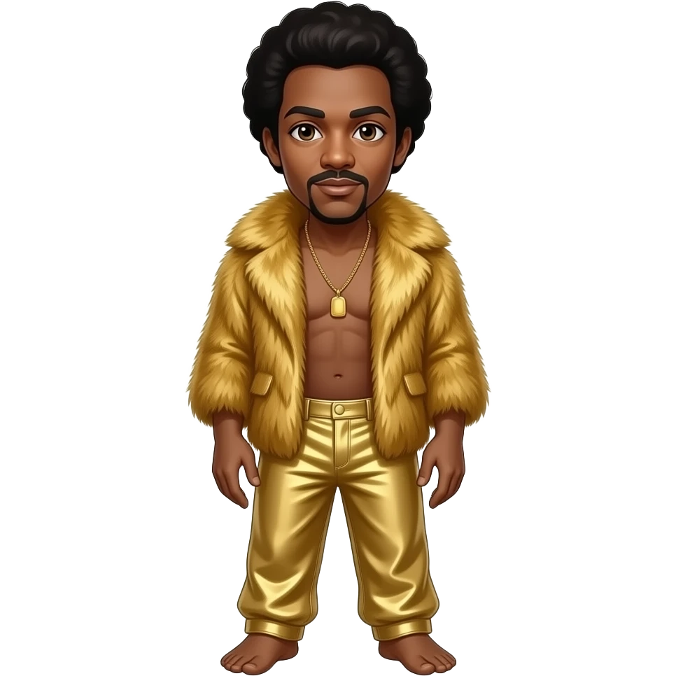 Maurice White with brown eyes, dark brown short afro hair, gold fur shawl, gold metallic baggy pants, shirtless with necklace emoji