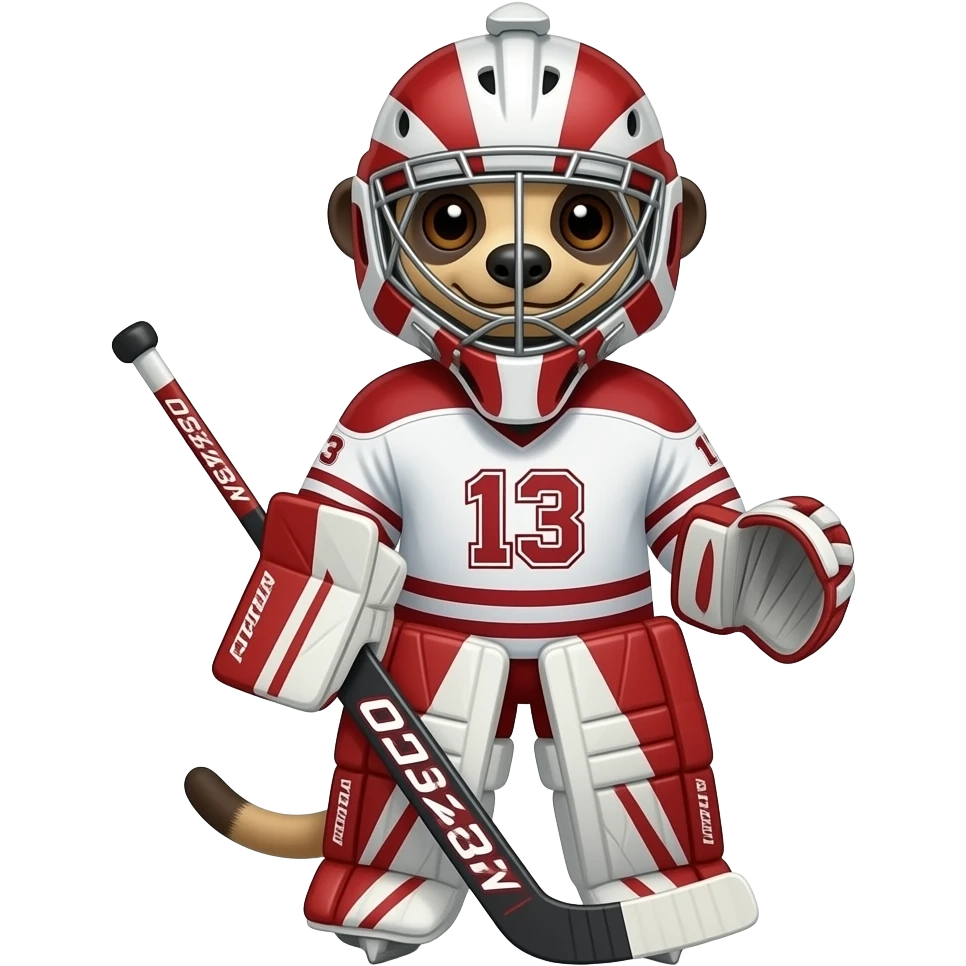 Create a meerkat in Latvian hockey gear, goalie (#A4343A red and white)   (wearing number 13) emoji