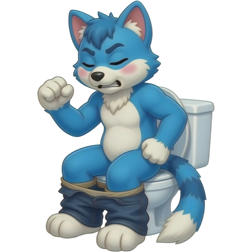 blue fursuit sitting on toilet, side view , pants down, pushing, eyes closed, straining face, fists, uncomfortable, red face emoji