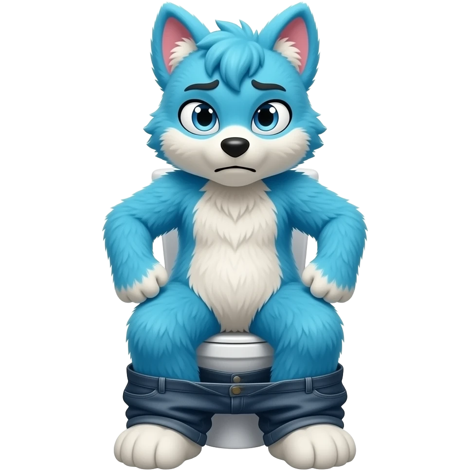blue fursuit sitting on toilet, front view , pants down, pushing, straining face,  uncomfortable, emoji