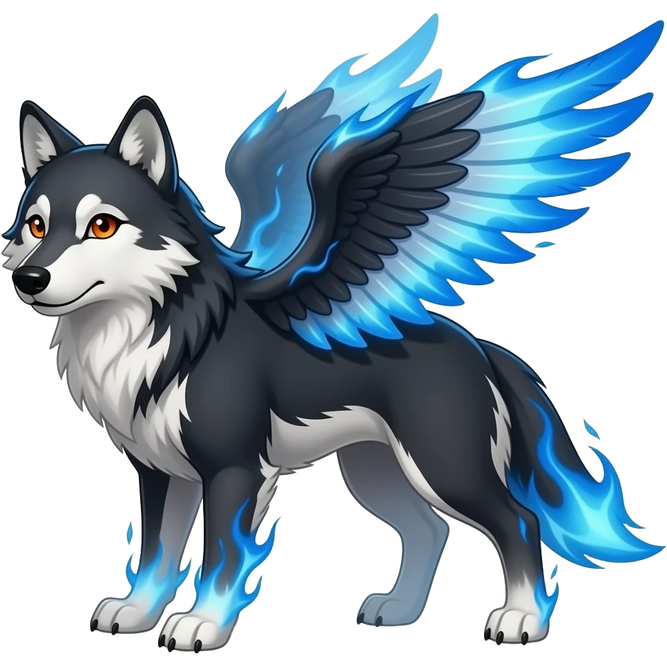 russet wolf with orange eyes and with black, white, and blue wings with blue flames emoji