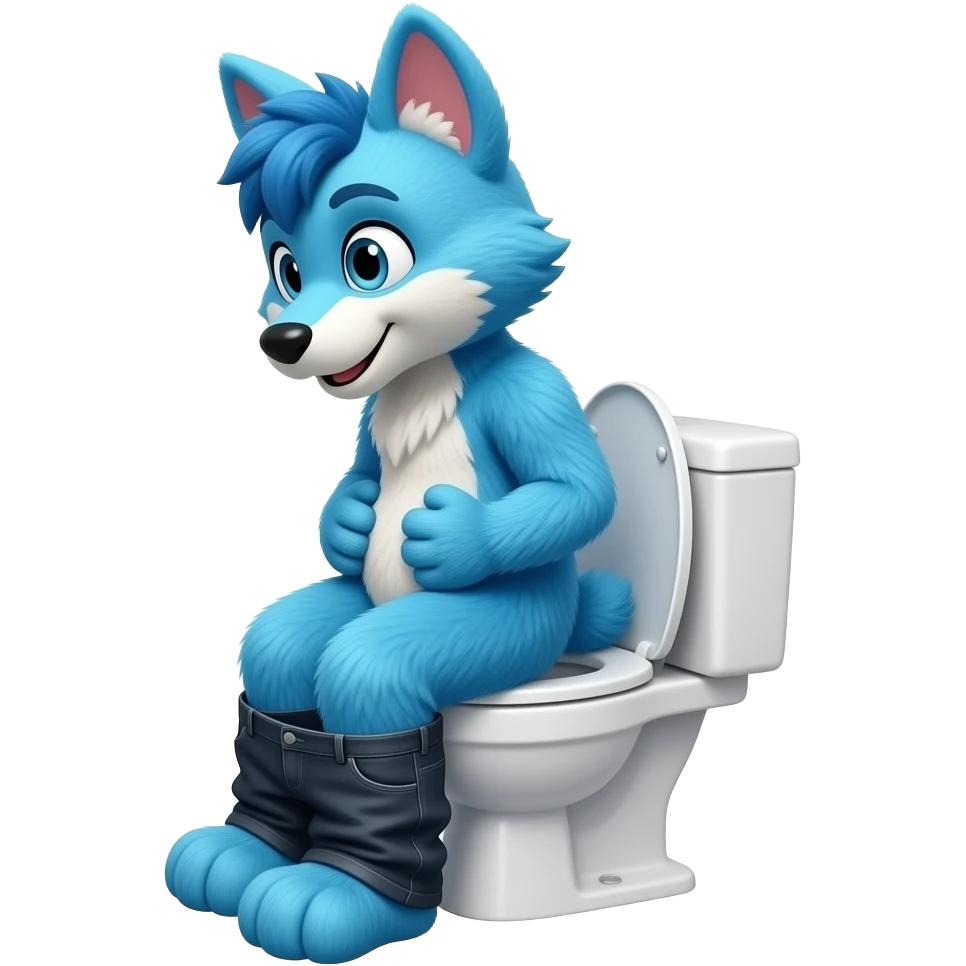 blue fursuit sitting on toilet, side view, pants down, hands on stomach emoji