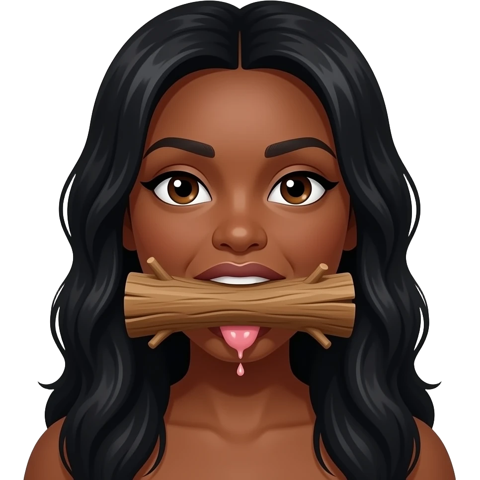 Pretty Black long hair  black Female sucking wood log. And mouth watering, and spit around mouth. emoji