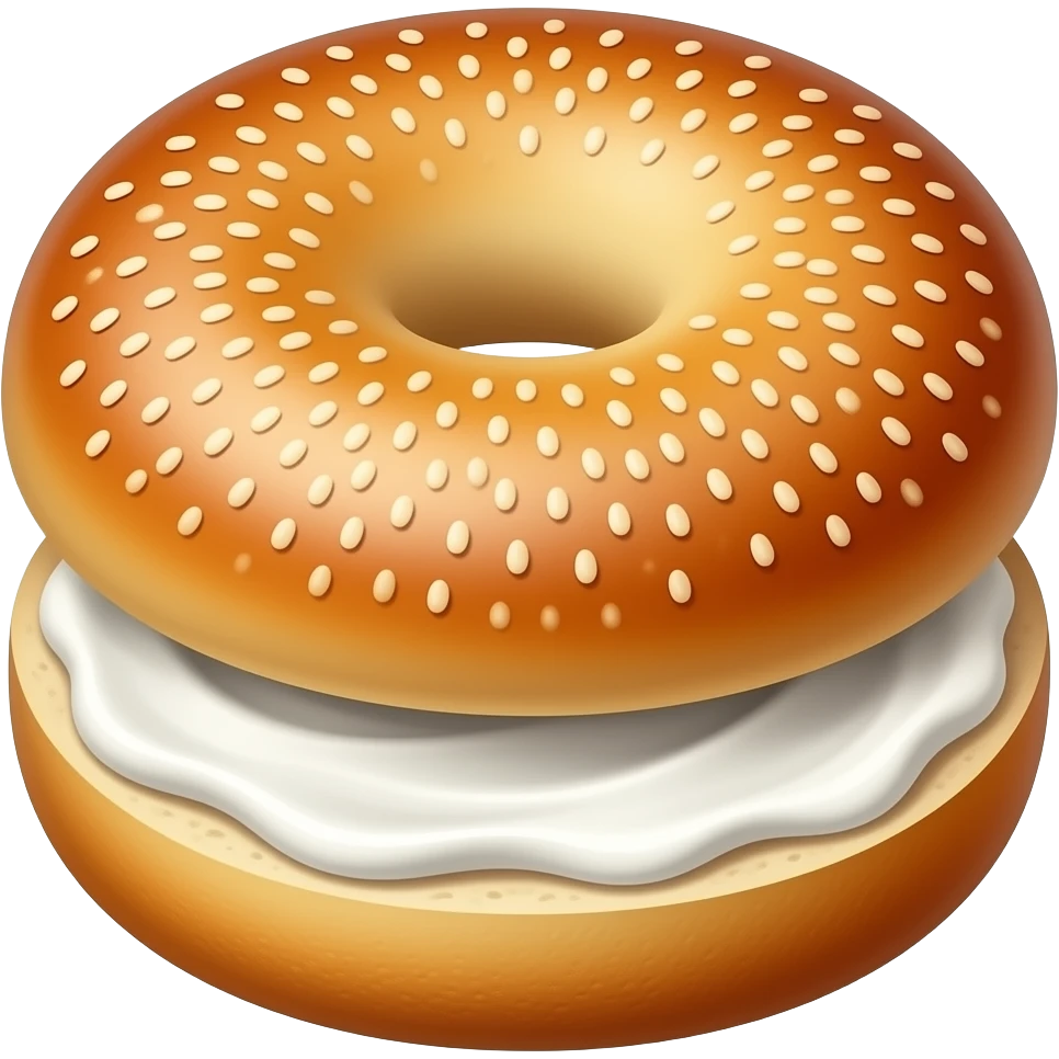 Everything bagel split with one piece upside down sitting on top of the other with cream cheese on them emoji