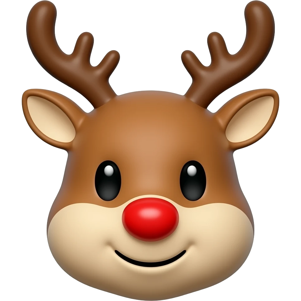iOS-style emoji sticker of a cute reindeer like Rudolph, brown deer with antlers and bright red nose, clean minimal 3D glossy emoji look, centered, white or transparent background, festive Christmas style. emoji
