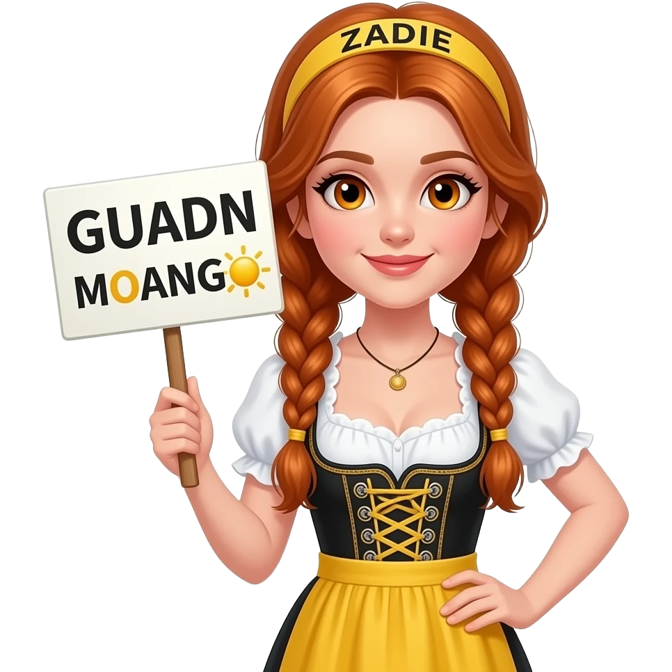 sexy girl with overlong ginger braids and ginger eyes wearing a yellow dirndl and a yellow headband with ZADIE written on it, is holding a sign with GUADN MOANG 🌞 written on it emoji