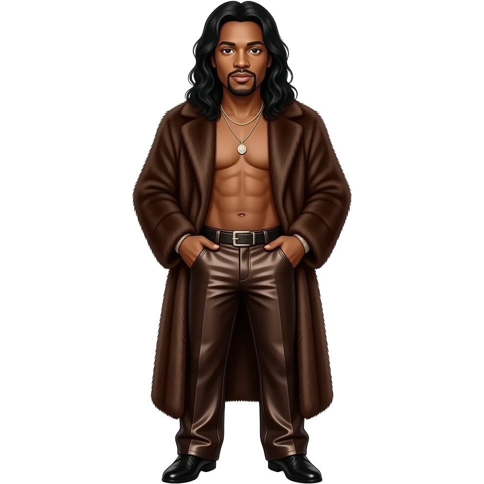 Barry White with brown eyes, long black hair, deep brown fur shawl, deep brown metallic baggy pants, shirtless with necklace emoji