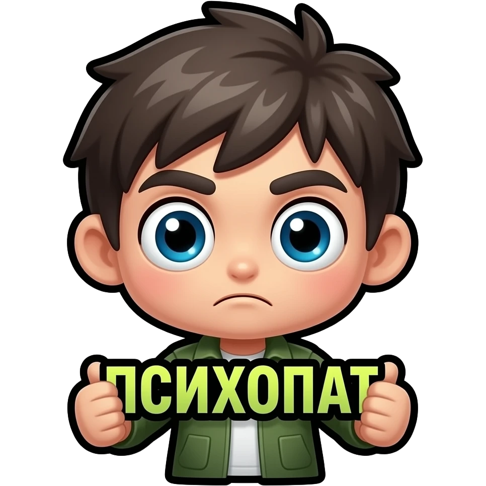 chibi twitch emote, tiny unhinged chibi character with crazy eyes holding “ПСИХОПАТ” text, chaotic cute energy, thick black outline, transparent background, 7TV style emoji