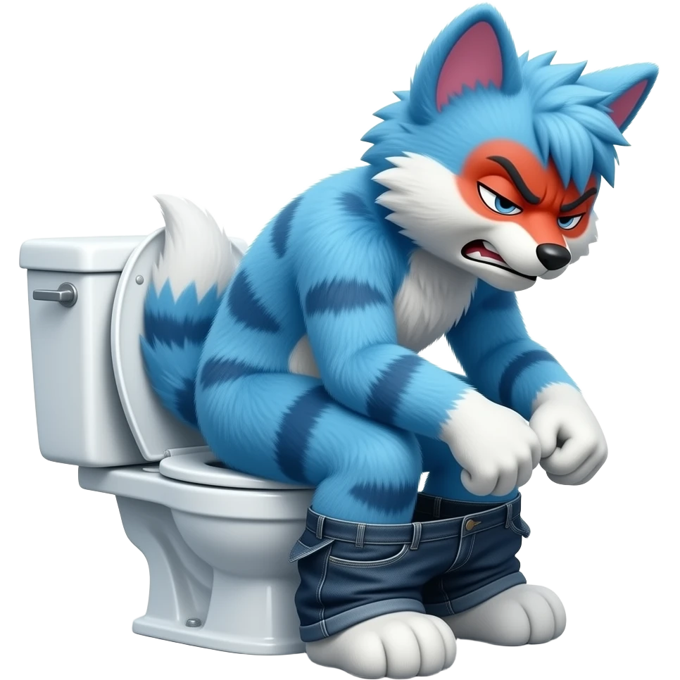 blue fursuit sitting on toilet, side view , pants down, pushing, eyes closed, straining face,  uncomfortable, red face, angry emoji