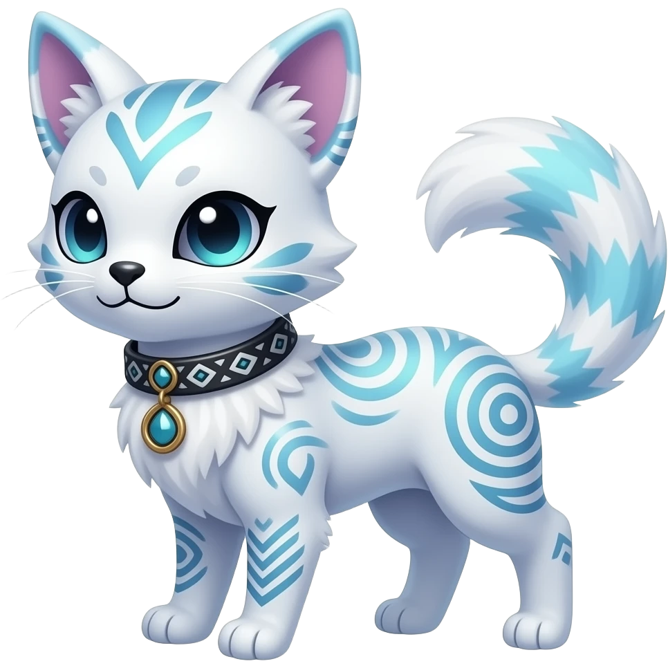 Rare cute edgy cool elegant beautiful neon iridescent white exotic cute epic aesthetic gothic colorful Salandit-Eevee-Civet-species-Fakemon-hybrid-creature, with a collar, and with intricate tribal markings, full body emoji