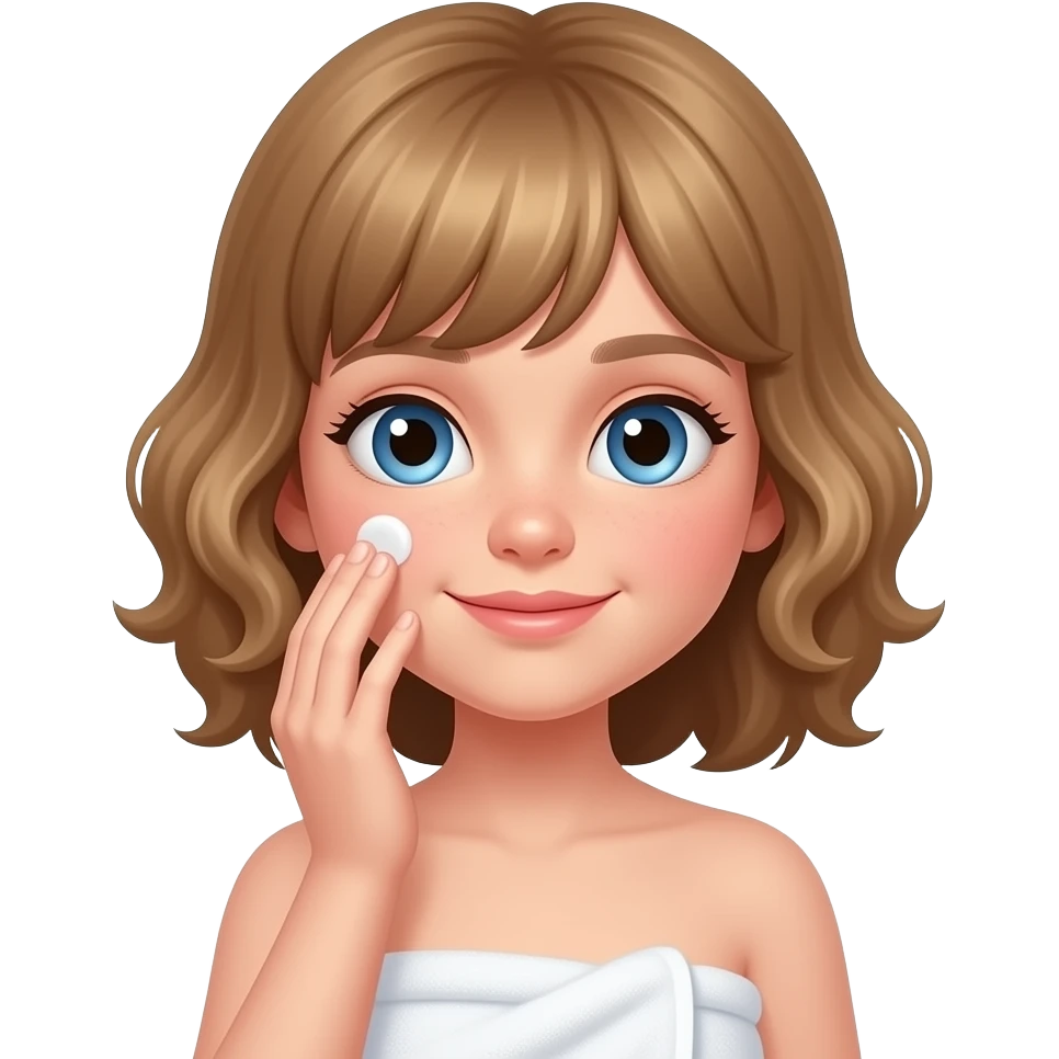 white kid blue eyes mid length with bangs soft curly hair to shoulders in color: middle to little darker blond, wrapped in a towel doing her skincare routine putting on lotion on her face with her hand,, head and body covered. emoji