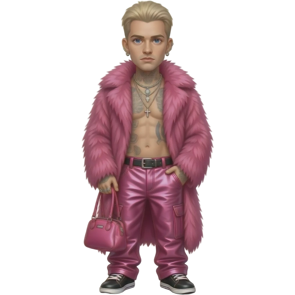 Machine Gun Kelly with blue eyes, dirty blonde hair, pink fur shawl, hot pink metallic baggy pants, shirtless with necklace and earrings emoji