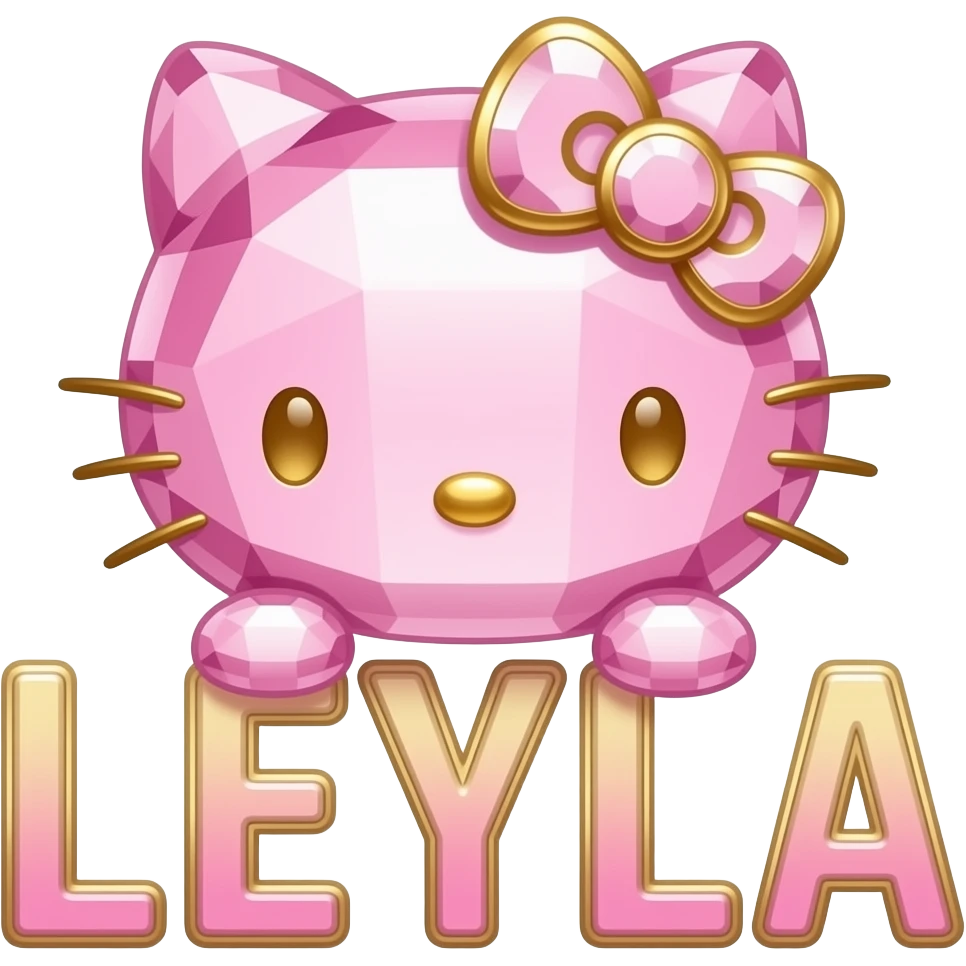 Crystal pink and gold hello Kitty head sitting on top of the letters LEYLA emoji