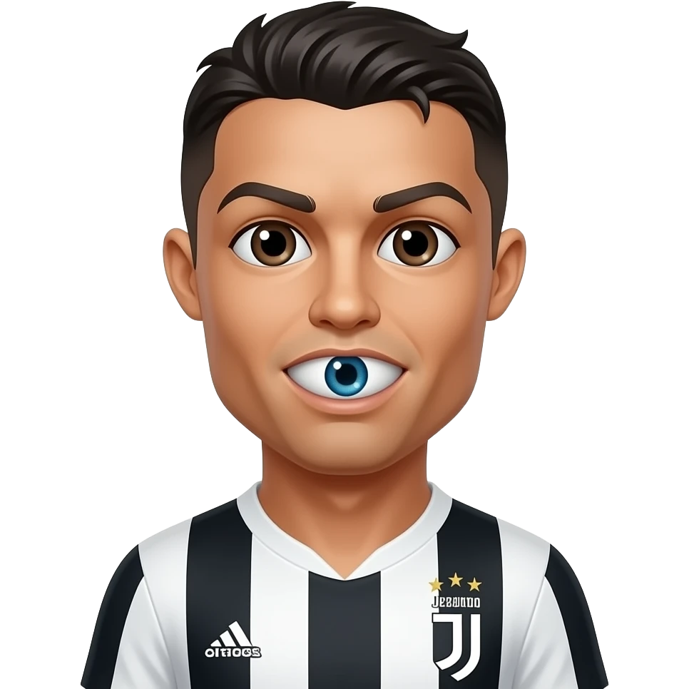 Top left Cristiano Ronaldo emoji, Juventus jersey, one extra realistic human eye seamlessly blended under chin, matching skin lighting and proportions. emoji