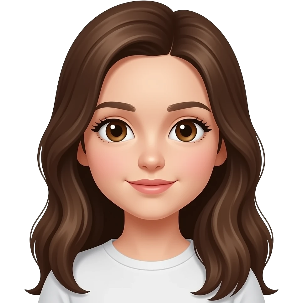 chica con piel blanca y ojos cafés joven, linda pestañas largas, cabello largo café emoji