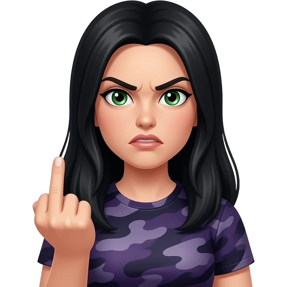 Angry Pale Woman with long black hair and green eyes and a dark purple camoflage shirt giving the finger emoji