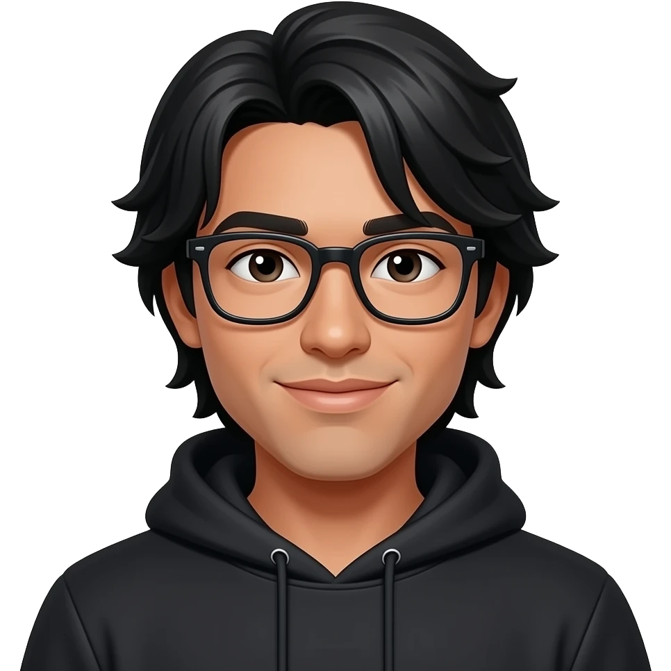 20 year old, tan skin guy, black hair, middle part long hair, black frame glasses, black hoodie emoji