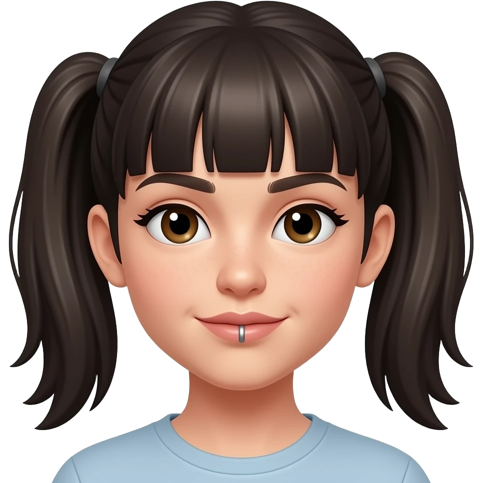 CHICA CON DOS MOÑITOS BAJOS, OREJAS SALIDAS Y SIN FLEQUILLO. PELO OSCURO Y FLEQUILLO MEDIANO ABIERTO Y SEPTUM EN LA NARIZ. emoji