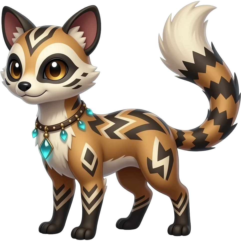 scaly spunky Realistic tall slim unique original shiny edgy cool fantasy-Civet-Absol-Sprigatito-Vaporeon-Fakémon-hybrid with tribal chevron heart floral lightning bolt strikes damask paisley markings emoji