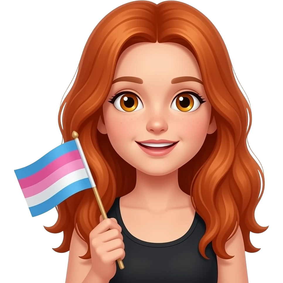 ten year old with long red hair and amber eyes and a black tanktop holding a bisexual flag and saying "I'm proud to be bi but won't tell my parents!!" emoji