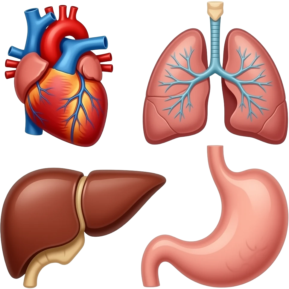 posicion órganos del cuerpo humano (corazon, pulomones, higado, estomago, cerebro...) sin fondo emoji