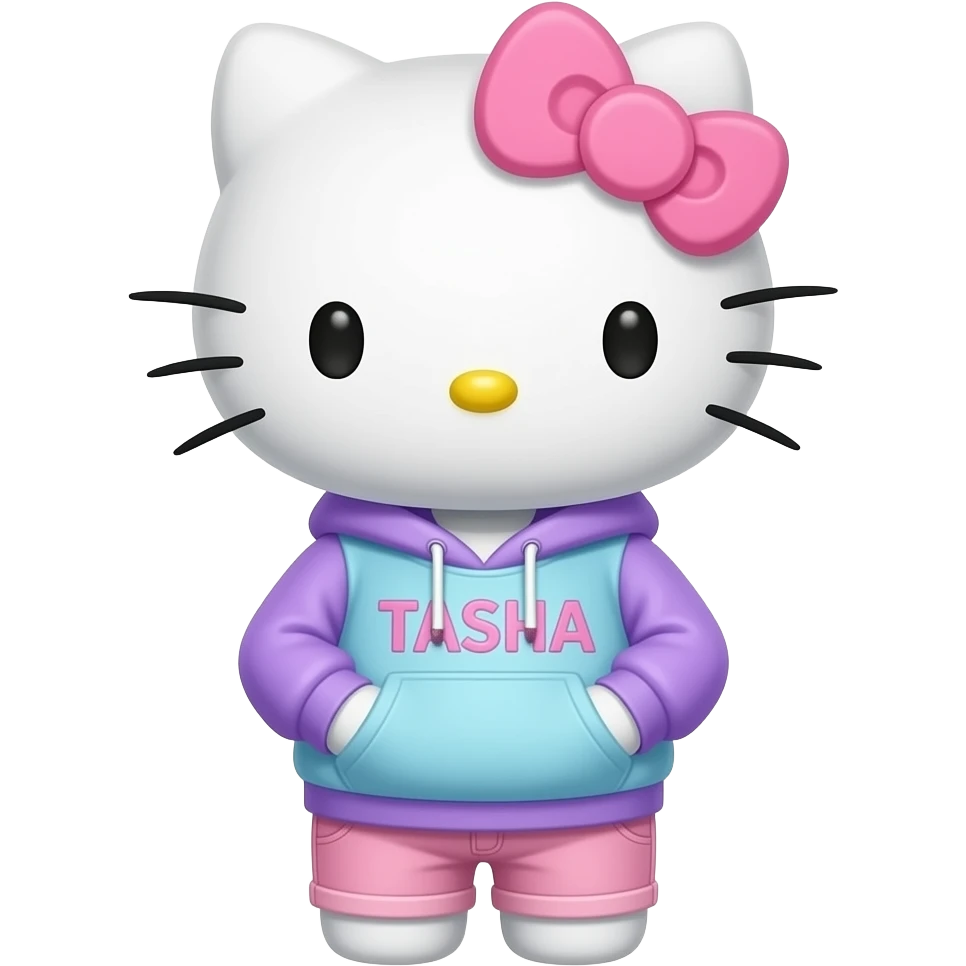 Velvet Hello Kitty wearing a velvet pastel pink and blue and purple hoodie and light pastel pink jeans with the large cursive letters TASHA on the hoodie emoji