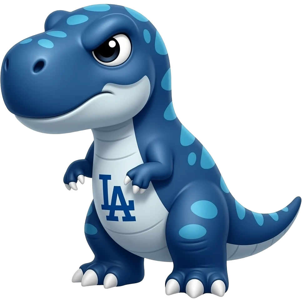 dodgers LA logo on his white belly deep blue dinosaur cute, and white nails, with black and white eyes angry emoji