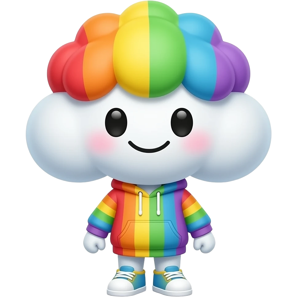 Rainbow Cloud Puff. A full-body rainbow cloud puff with a large head and tiny body, fluffy cloud body, rainbow eyes, colorful cloud hair, rainbow hoodie, soft cloud shoes, smiling emoji style. emoji