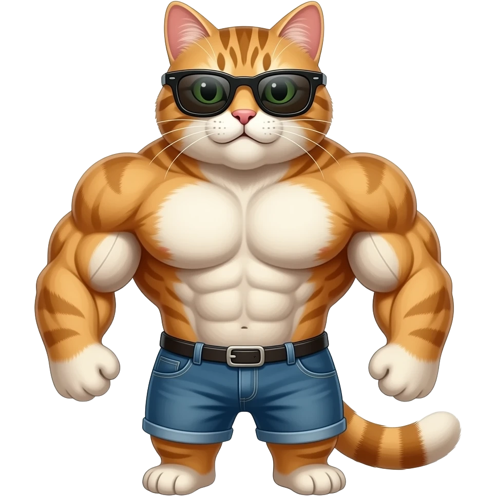 make a giant cat with huge mucles wearing cool glasses emoji