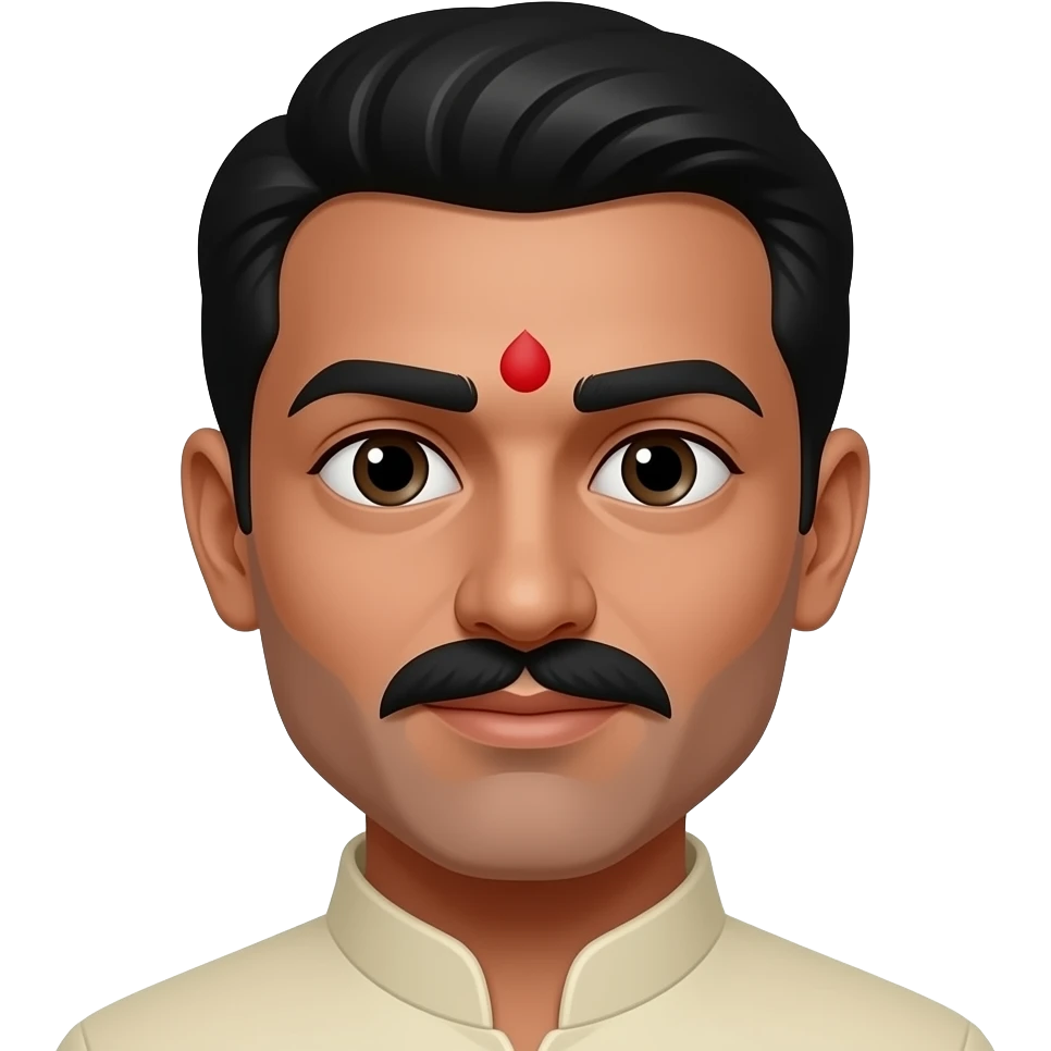 A black jont eyebrows with eyes no colors a red bindi and a moustache emoji