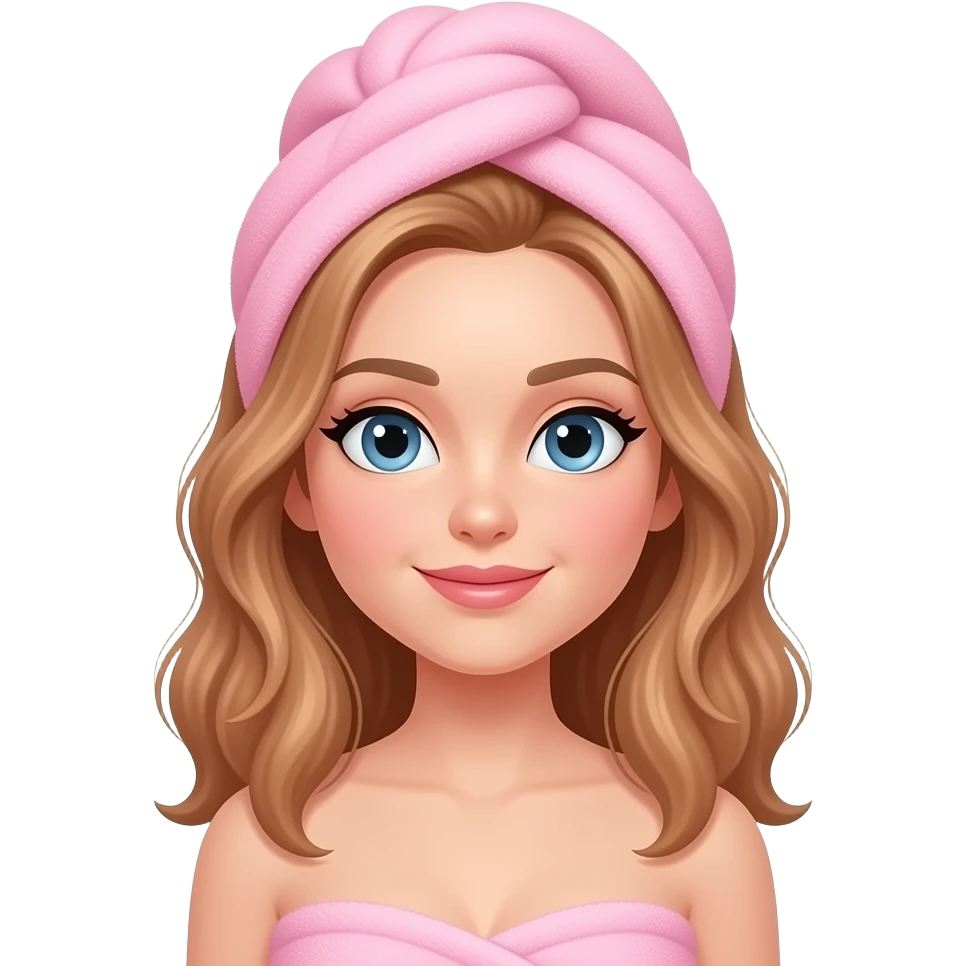 Clean girl influencer character, chest-up portrait, wearing a pink towel wrapped around the head, light bronze hair, soft light emoji