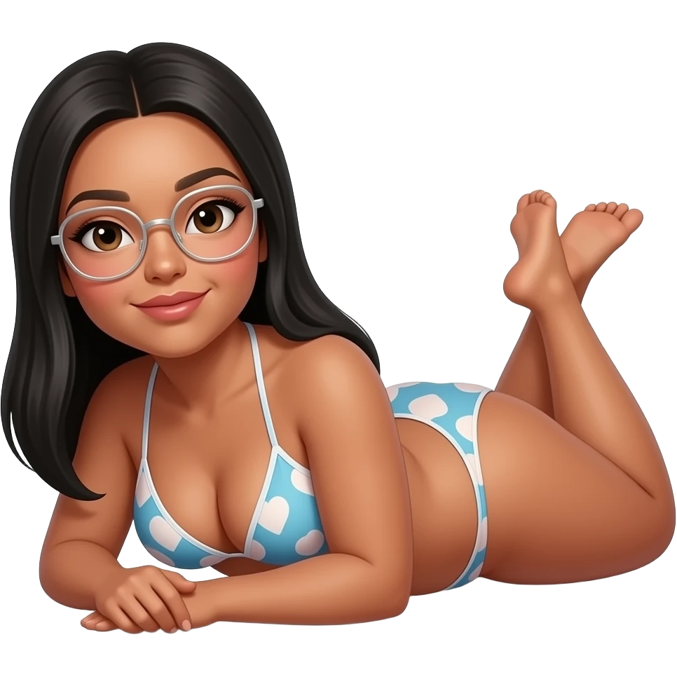 chubby tanned woman with long stright black hair, silver  thin framed glasses, micro bikini,laying on side with knees together emoji