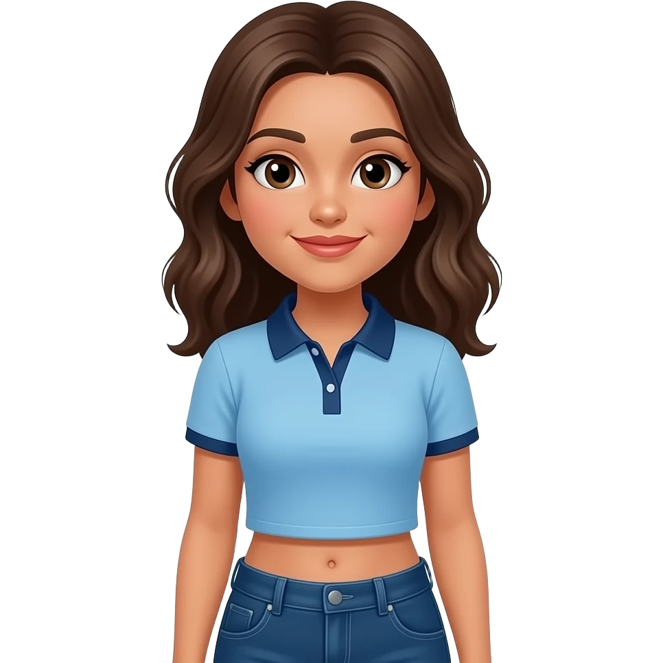 Hispanic girl with brown hair, light blue and dark blue polo shirt, and dark blue jeans with a belly button emoji