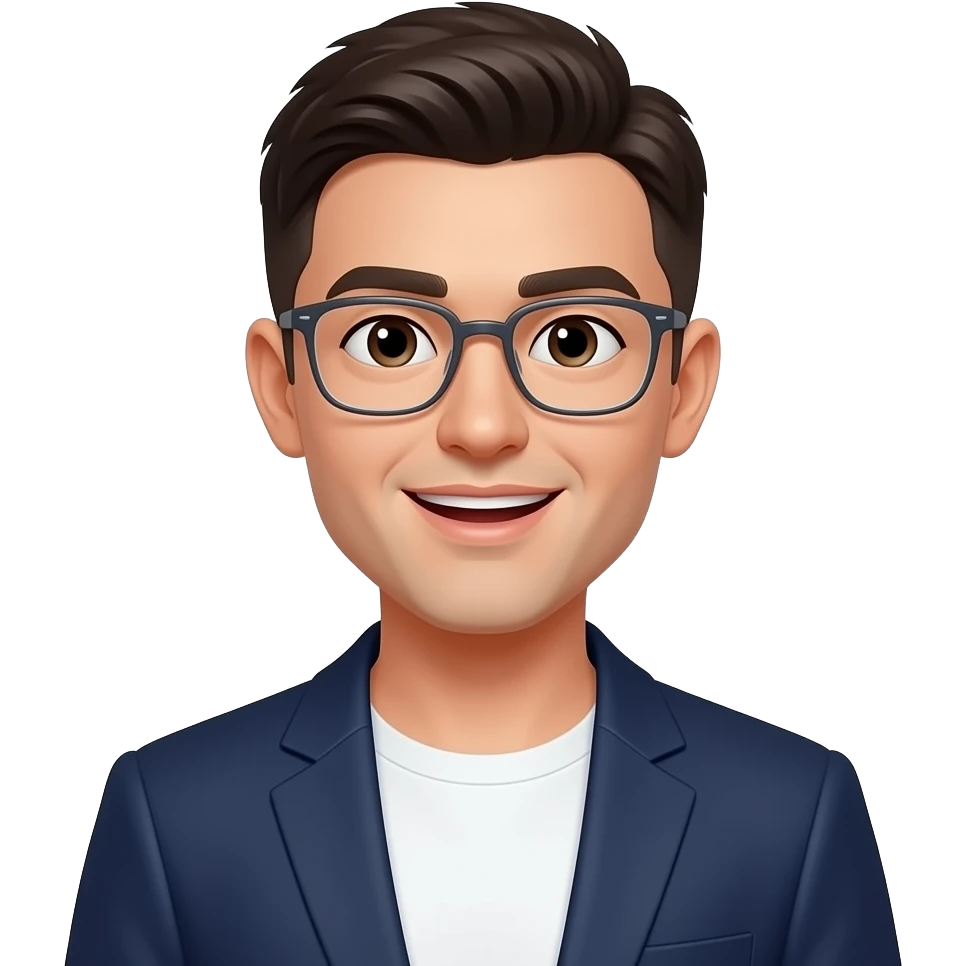 cute young man with frameless glasses in white tshirt and navy blazer, his mouth is opened, eyes small, face round, short neck emoji