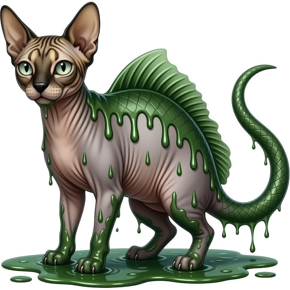 Realistic cool badass swampy greenish dark edgy spooky Flurry furry scary slimy oily glossy wet gloomy dusky scaly sergal-serval-possum-sphynx-Koi-sergal-fusion-animal-hybrid-creature with a snake-tail emoji