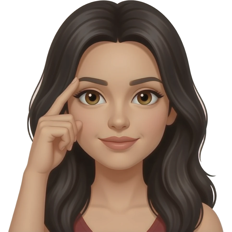 Woman with dark long hair brown eyes L fingers on forehead with thumb and index finger center forehead emoji