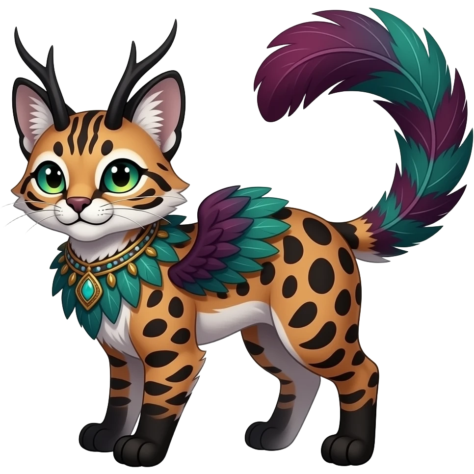 Colorful dark tropical feathery tribal dark burgundy wine-red obsidian-black jade-green white glorious iridescent divine exotic cute cool beautiful beautiful fantasy-caracal-civet-genet-sergal-vernid-Gryphon-Cacomistle-Trico-oncilla-animal-Fakémon-hybrid-fursona (full body) emoji