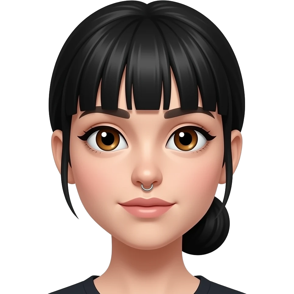 CHICA CON MOÑOS  BAJOS EN LA CABEZA. PELO NEGRO Y SIN FLEQUILLO. SEPTUM EN LA NARIZ. OJOS MARRONES. FLEQUILLO ABIERTO CAYENDO POR EL LADDO emoji