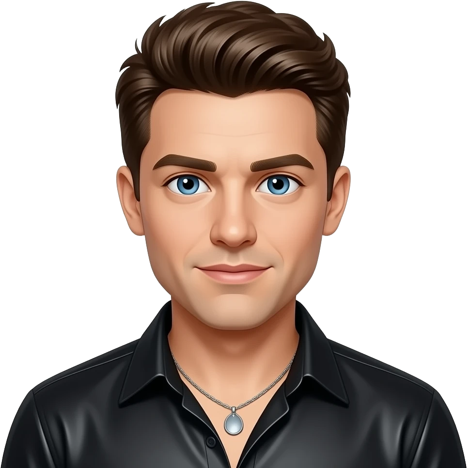 Dan Miller from O-Town with blue eyes, brown hair, black metallic shirt, necklace emoji
